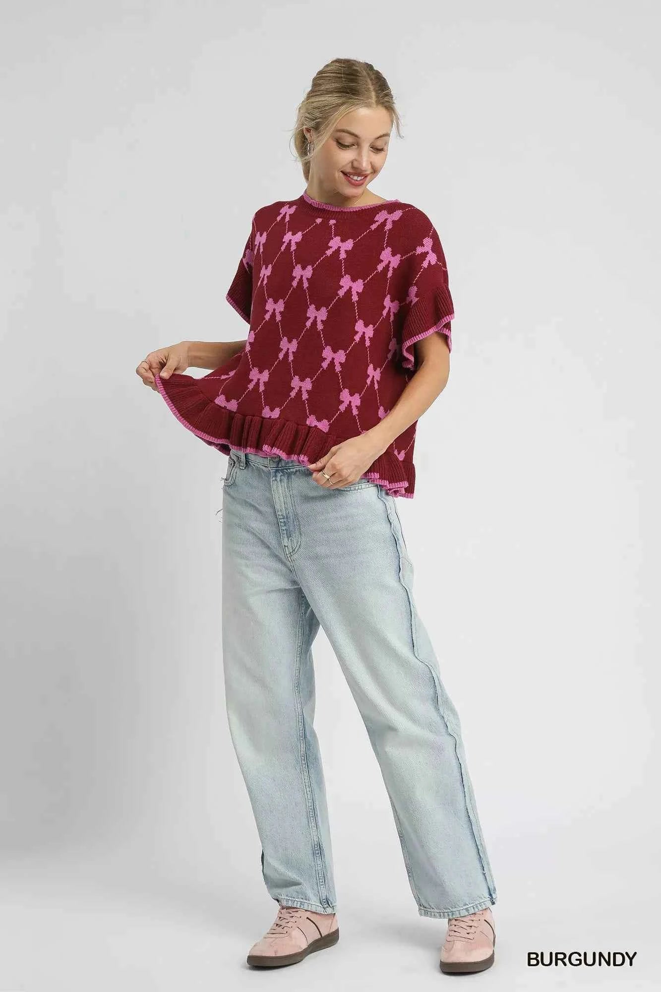 Umgee Bow Knit Ruffle Sleeve Sweater
