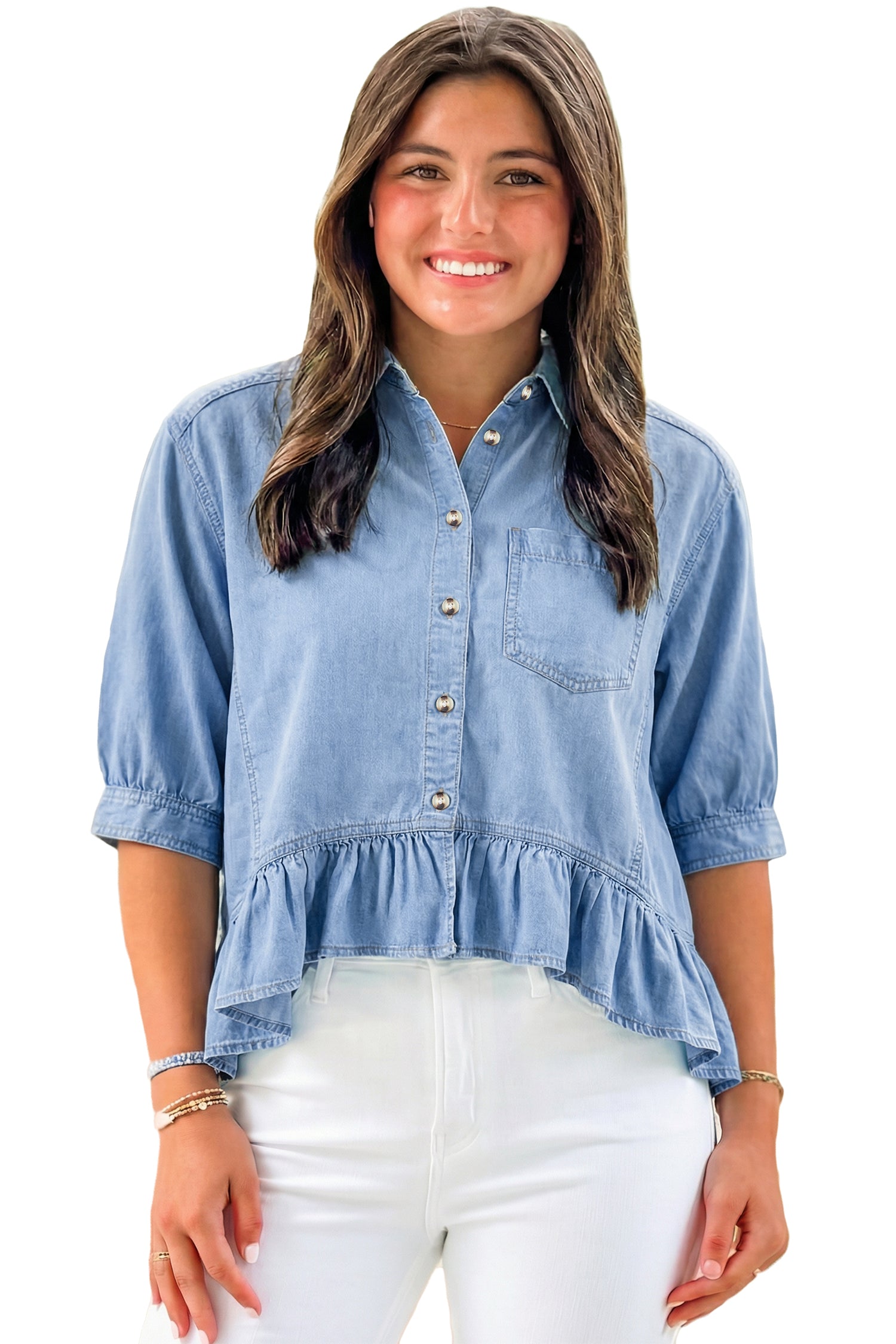 Beau Blue Half Sleeve Button Down Ruffled High Low Chambray Shirt 68fb61f2659fe90a