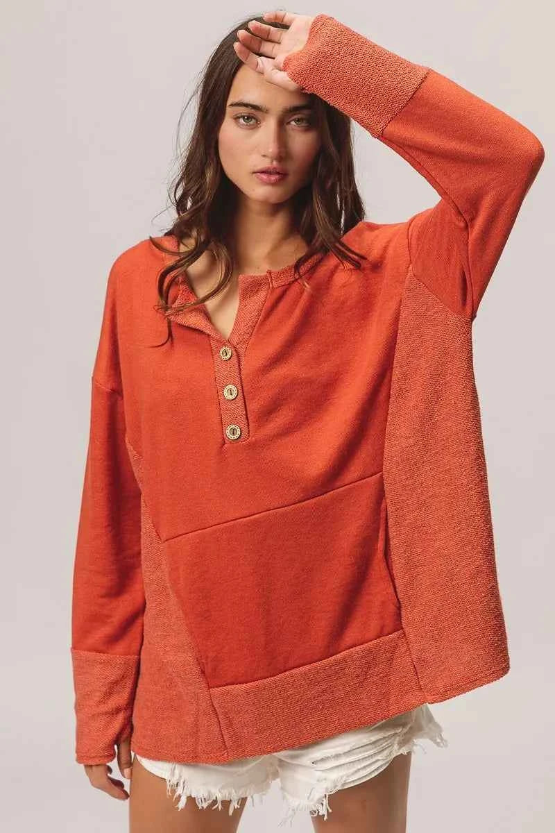 French Terry Knit Side Block Buttoned Henley Top 68fbb4a46bb047c985726ad9e62449d7-Max-Origin