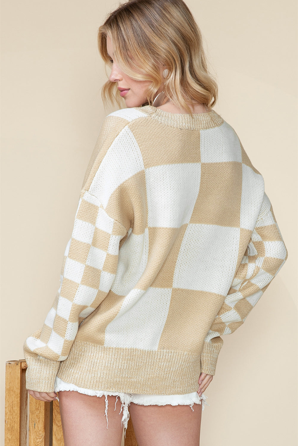 Flaxen Plaid Knitted Drop Shoulder Sweater 68fdb98646daccb1