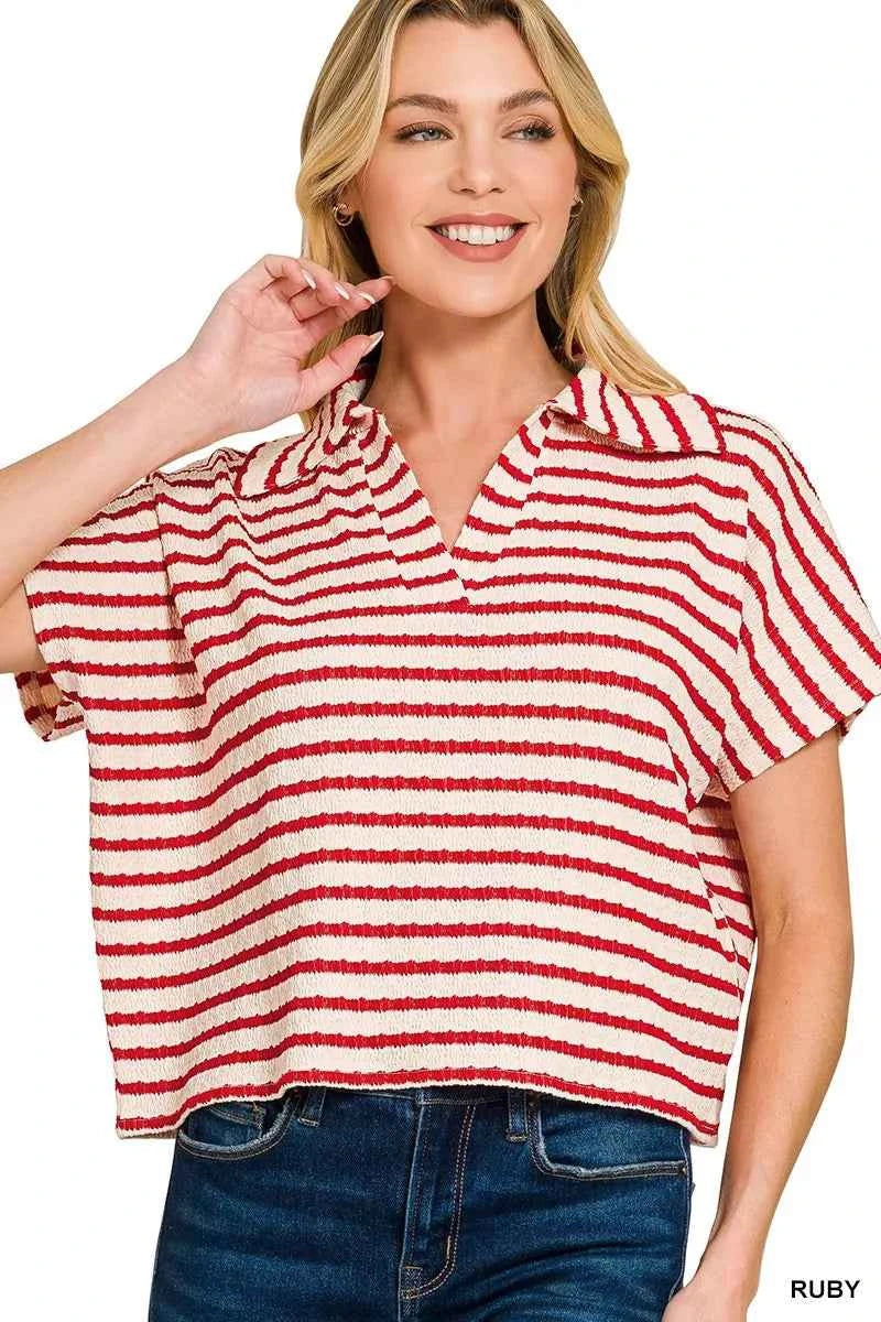 Zenana Striped Split Neck Collared Top RUBY 6903906997b643c08e0860f277501966-Max-Origin