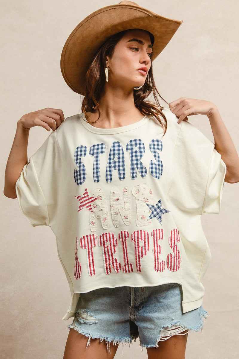 BiBi Mix And Match Stars And Stripes Patchwork Short Sleeve T-Shirt CREAM 690781deefa34264a24283ee8ff3eee4-Max
