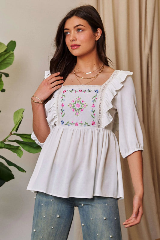 Texture Tie Back Floral Embroidery Frill Blouse 69082f8a9d4a4c96b6cbda9d530628fb-Max-Origin