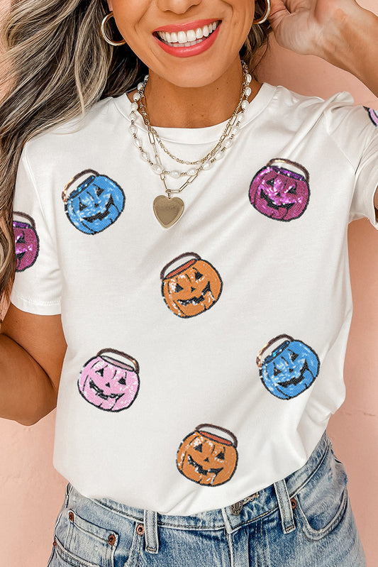 White Sequin Pumpkin Face Patched Crew Neck Holiday T Shirt 6909ba5588ee6d8d