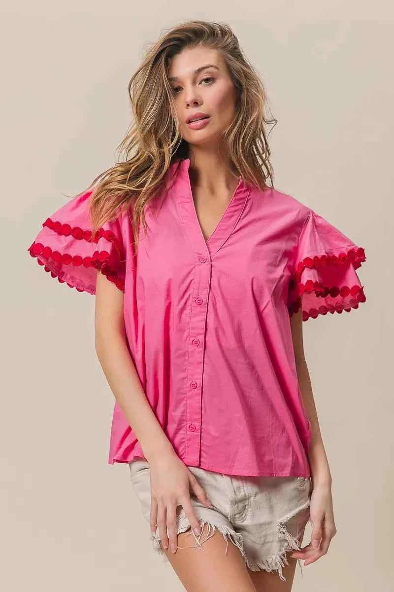 BiBi Dot Trim Flutter Sleeve Notched Top 690aea1544a14a5eb4b1c0eb7abdd4e4-Max-Origin