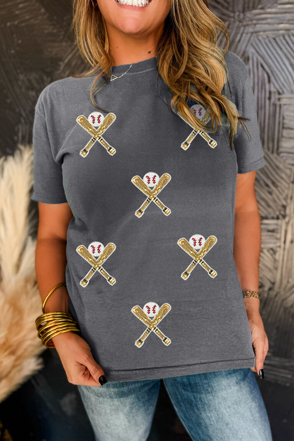 Gray Sequin Baseball Bat Graphic Game Day Casual Tee 690f03f7f3f5a4d0