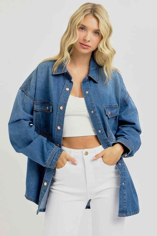 RISEN Full Size Snap Down Long Sleeve Denim Shacket Dark 69142455-7645-4ef0-b2d8-de11da3ccb53-Max