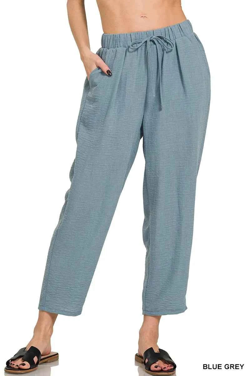 Zenana Woven Crepe Elastic Band Waist Pants BLUE GREY 691926fdcf4448bebf5381f30284c6ab-Max-Origin