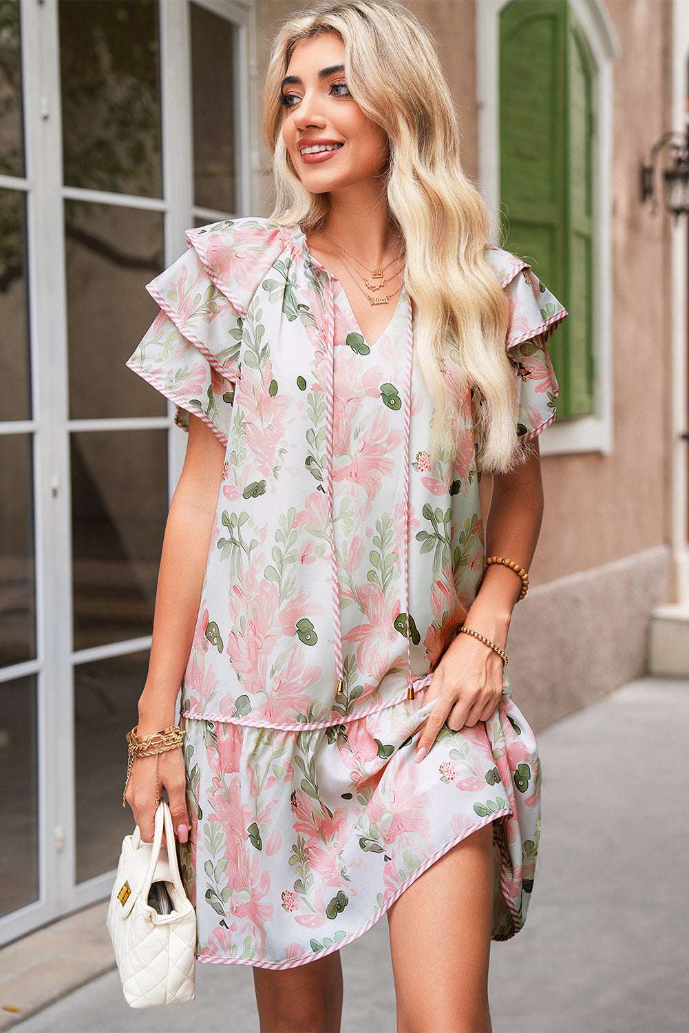 Sky Blue Floral Contrast Edge Ruffle Sleeve Tie Neck Mini Dress 69193151c57e471f-_12