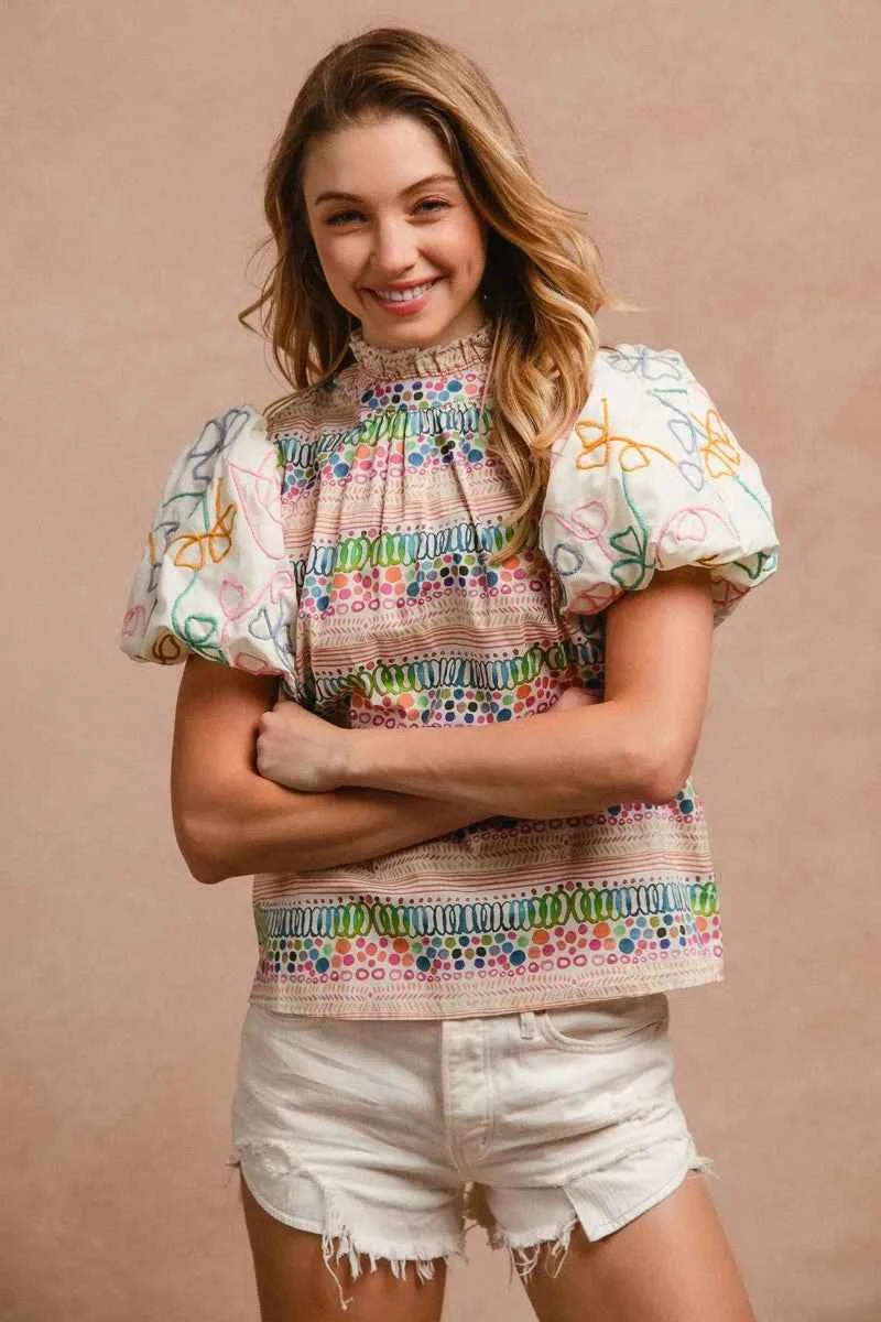 BiBi Ruffle Neckline Blouse With Embroidery Bubble Sleeve 691982bfdce249aca7bcd3ca9d7dbde7-Max-Origin
