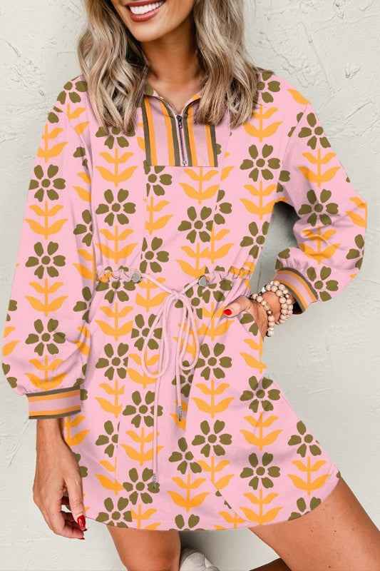 Floral Stripe Patchwork Long Sleeve Mini Dress Pink 691f77c0-3dec-4f7a-b39e-947327a31afa