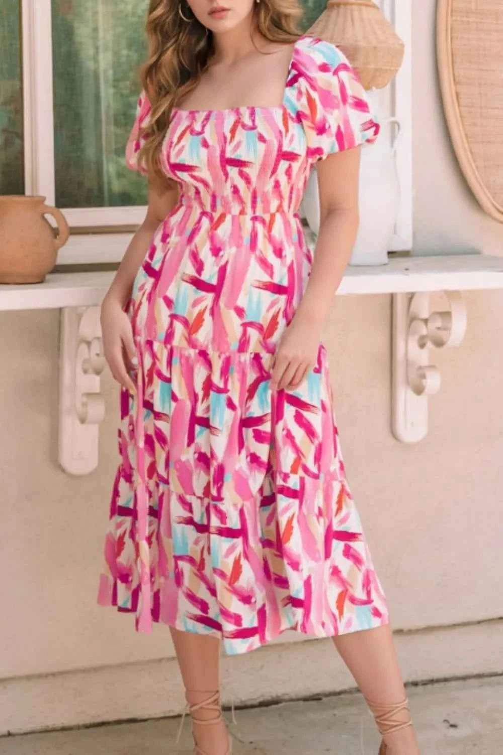 Geometric Print Puff Sleeve Square Neck Midi Dress Blush Pink 692029bd-4ff8-4f39-b0b0-545dd292d805-Max-Origin