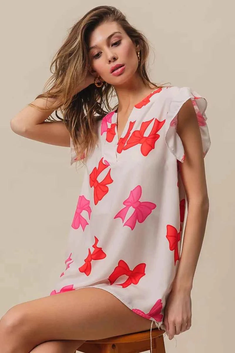 Bow Printed Woven Ruffled Sleeves V Neck Top 692796e0ec524249a3c18c63de9c611b-Max-Origin