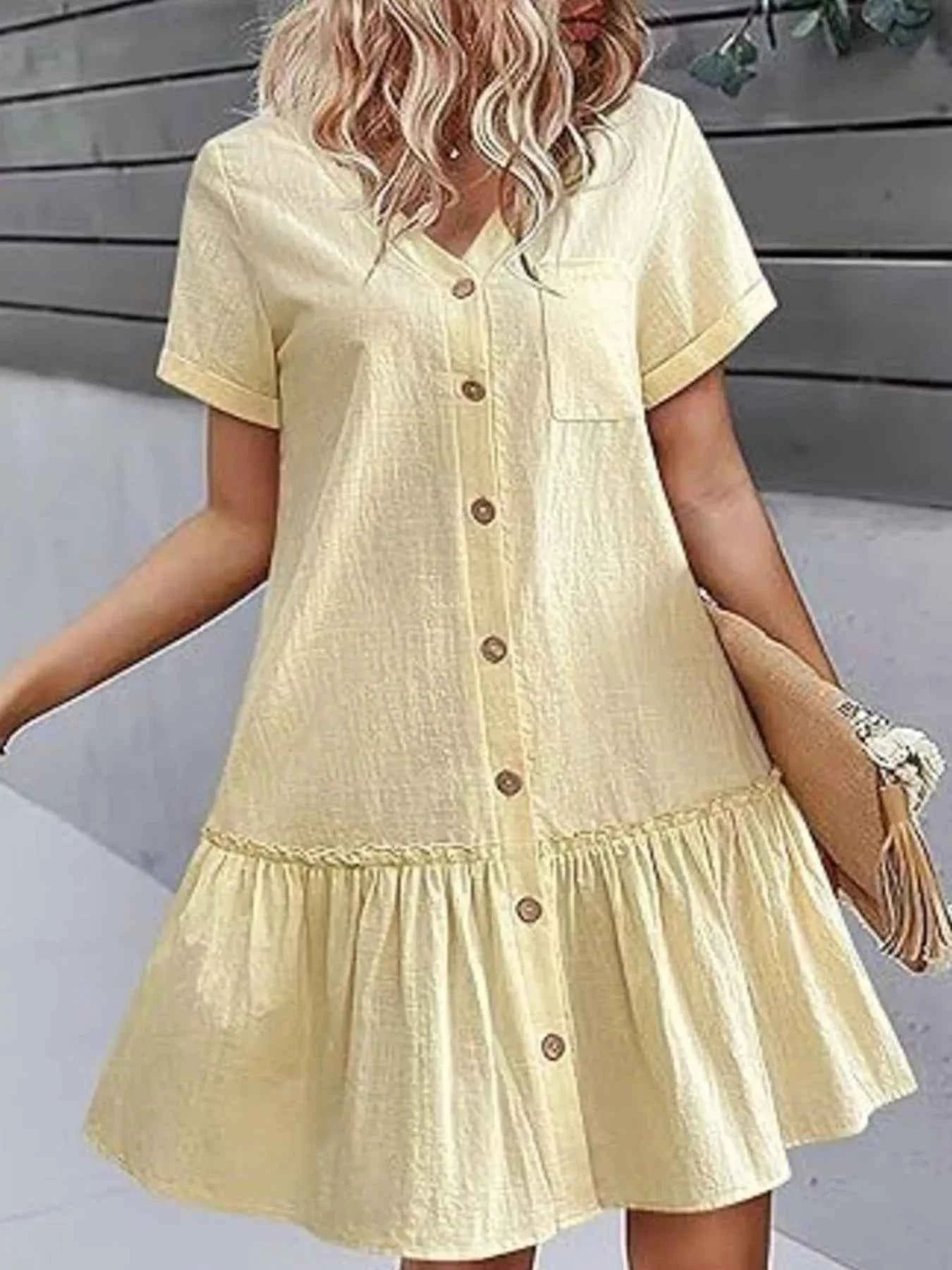 Full Size Button-Front Short Sleeve Tiered Dress Plus Size 6928d652-49b6-4aac-97b7-fcebce6d0538-Max-Origin