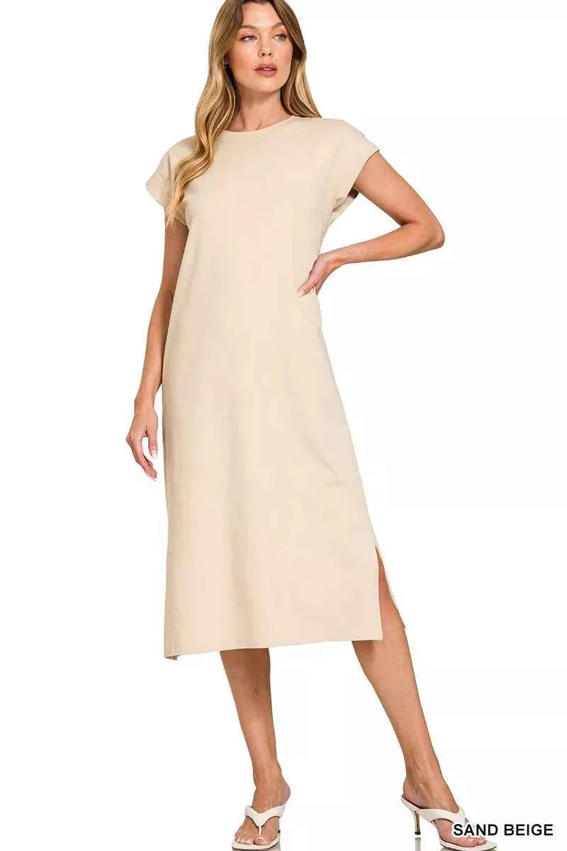 Zenana Round Neck Side Slit Midi Dress SAND BEIGE 6929a20f637340d0809b8ab415965c53-Max-Origin
