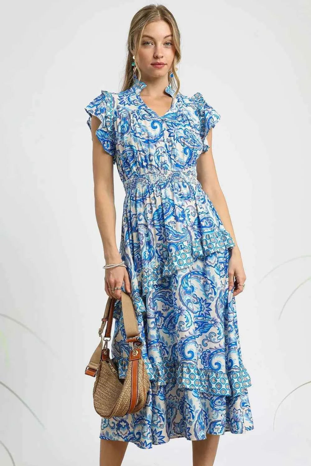 Umgee Paisley Print Ruffle Sleeve Midi Dress Royal Blue 692a17f5-c562-4293-83e7-7a50cf2d7caf-Max-Origin