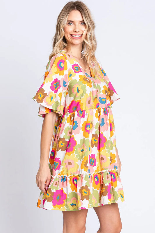 Floral V-Neck Ruffle Hem Mini Dress 69339a25-df6b-4f97-bf53-8a535187f8d7-Max