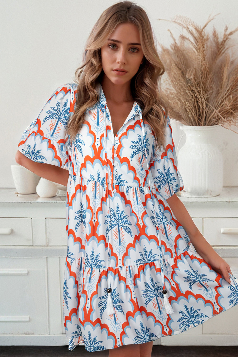 Orange Palm Tree Print Short Sleeve Flowy Dress 6938e178430ce01f