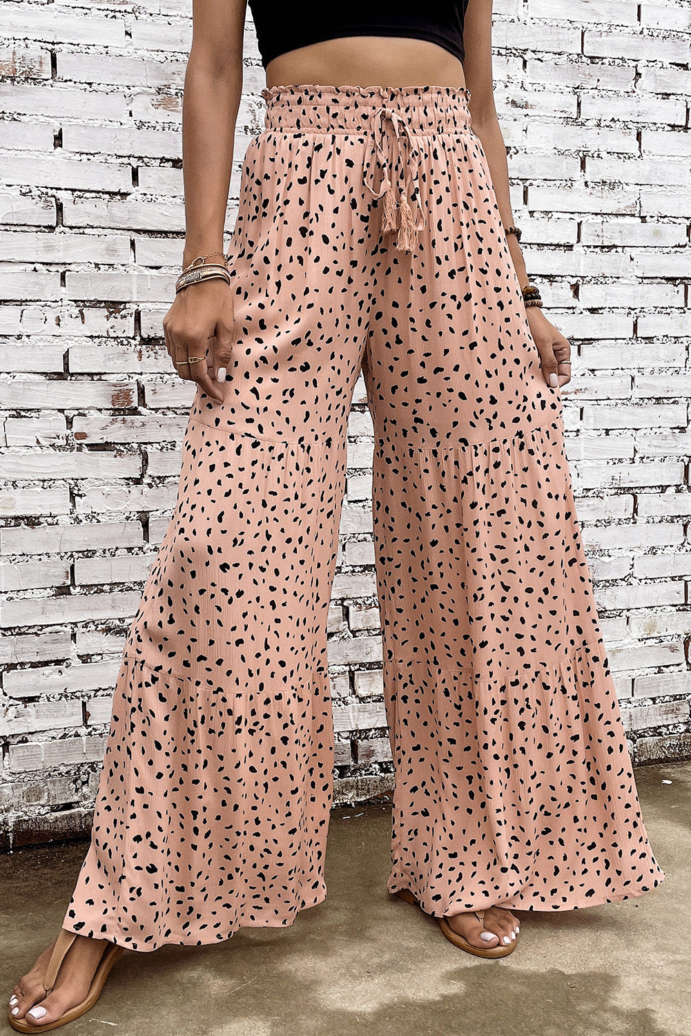 Brown Ruffle Wide Leg Animal Palazzo Pants 693a4d3491bda144