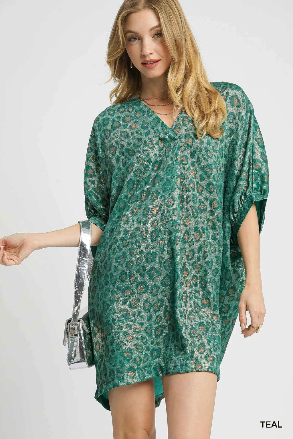 Umgee Metallic Leopard Print V-Neck Kimono Dress TEAL 693c0335-51aa-4529-902f-c9eb9aee053b-Max-Origin