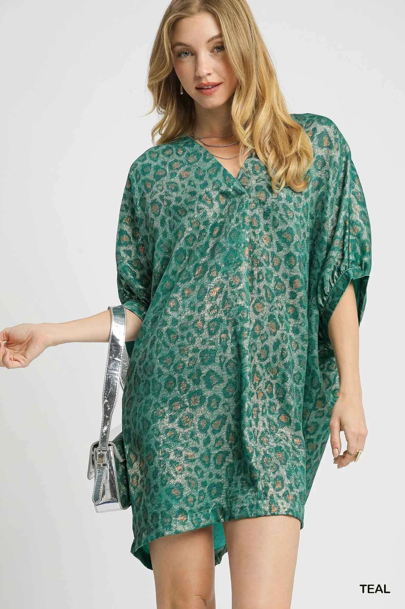 Umgee Metallic Leopard Print V-Neck Kimono Dress TEAL 693c0335-51aa-4529-902f-c9eb9aee053b-Max-Origin