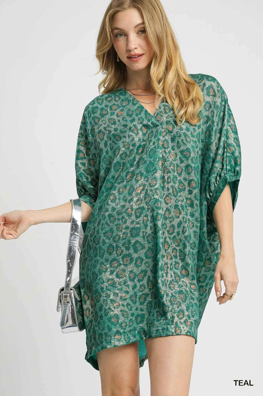 Umgee Metallic Leopard Print V-Neck Kimono Dress TEAL 693c0335-51aa-4529-902f-c9eb9aee053b-Max-Origin