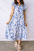Blue Ruffled Short Sleeve Tiered Floral Midi Dress Blue 100%Viscose 693d18e8339ef4e8