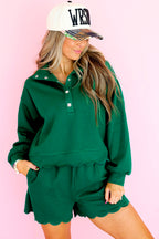 Blackish Green Embroidered Scallop Trim Half Button Pullover Casual Shorts Set 694018876173a06e