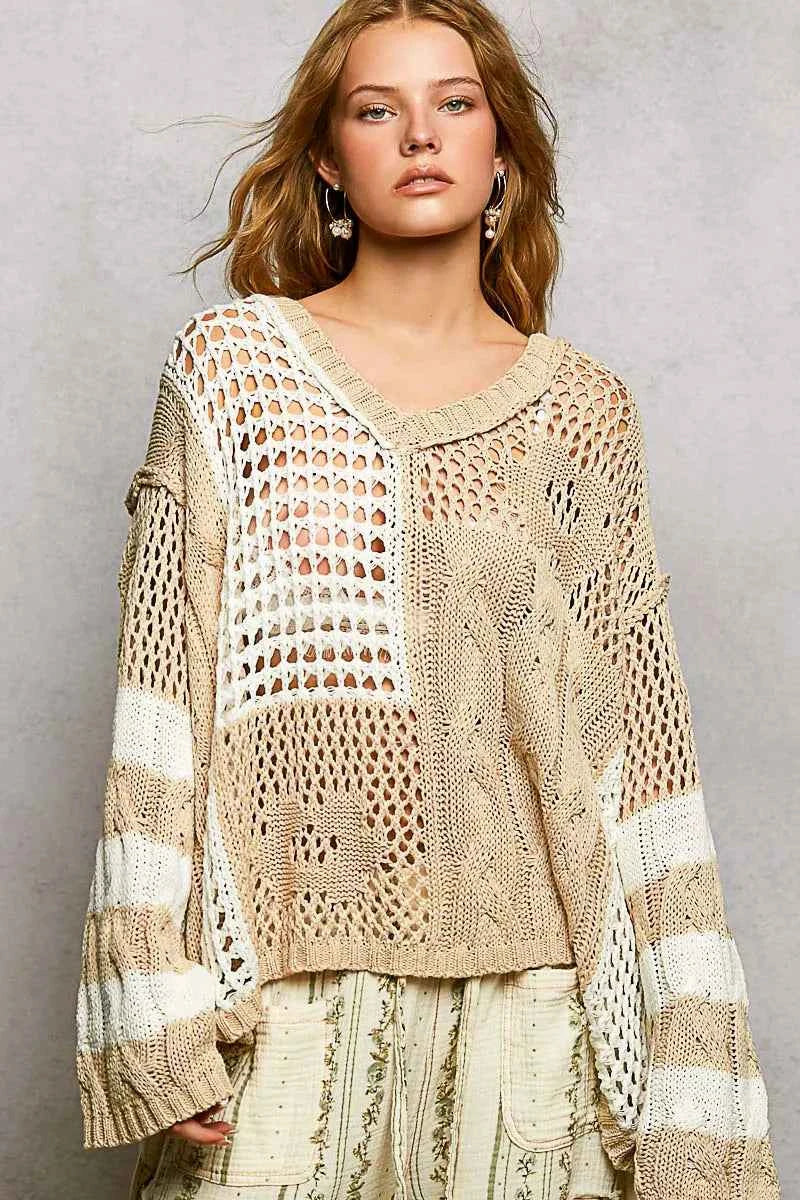 POL Color-Blocked Stripe Pattern Knit Top with Twisted Weave BEIGE 694602ec-4301-4d92-898c-2316399bdd17-Max-Origin