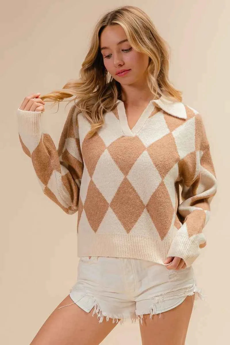 BiBi Diamond Pattern Collared Notch Neck Sweater 694b9caec4724207b7f855022005218f-Max-Origin