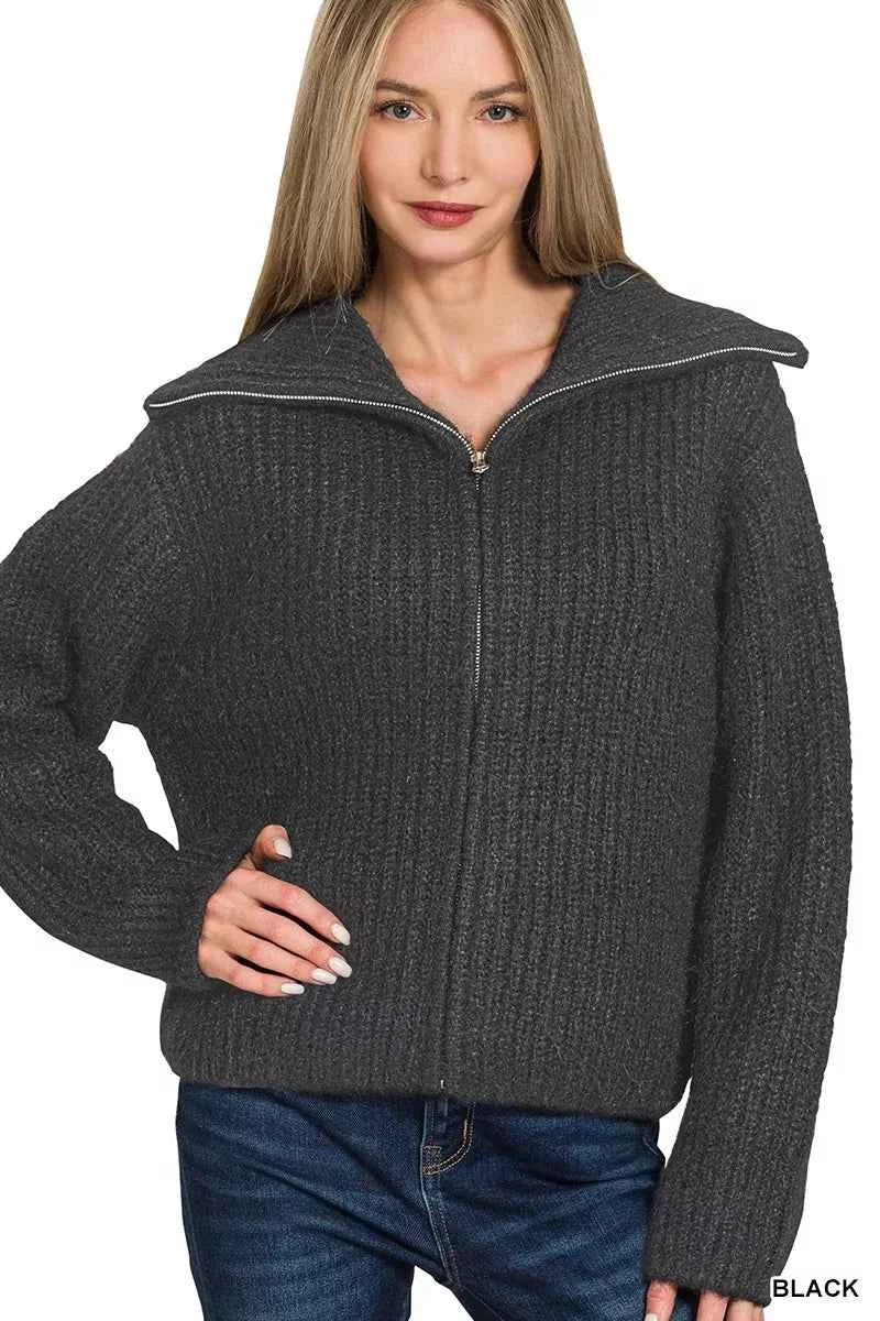 Zenana High Neck Full Zip Sweater Cardigan BLACK 694d430852d64f2cb73f1667616867da-Max-Origin