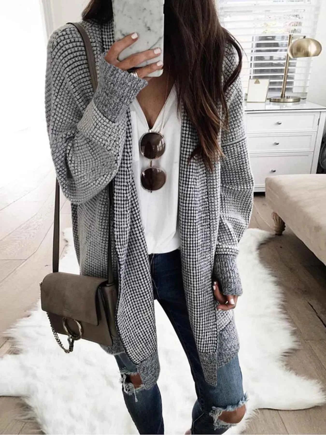 Contrast Plaid Longline Cardigan with Ribbed Trim 694d7ea143ae4e80ac0696edf152079a-Max-Origin