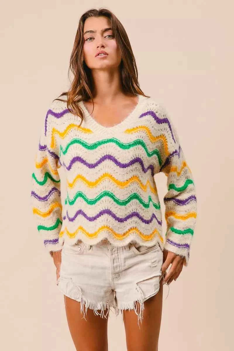 BiBi Mardi Gras Wavy Stripes V-Neck Sweater 694f1faced2c440ea444e88b07fb122d-Max-Origin