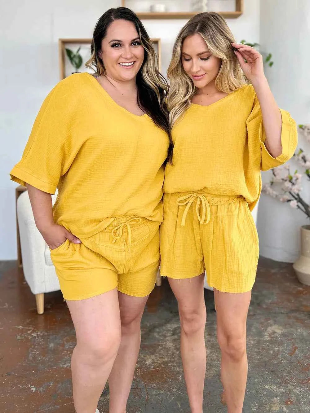 Double Take Texture Half Sleeve T-Shirt and Drawstring Shorts Set 69543dc6-b703-4eff-a46a-e4dbaf9c88a2-Max