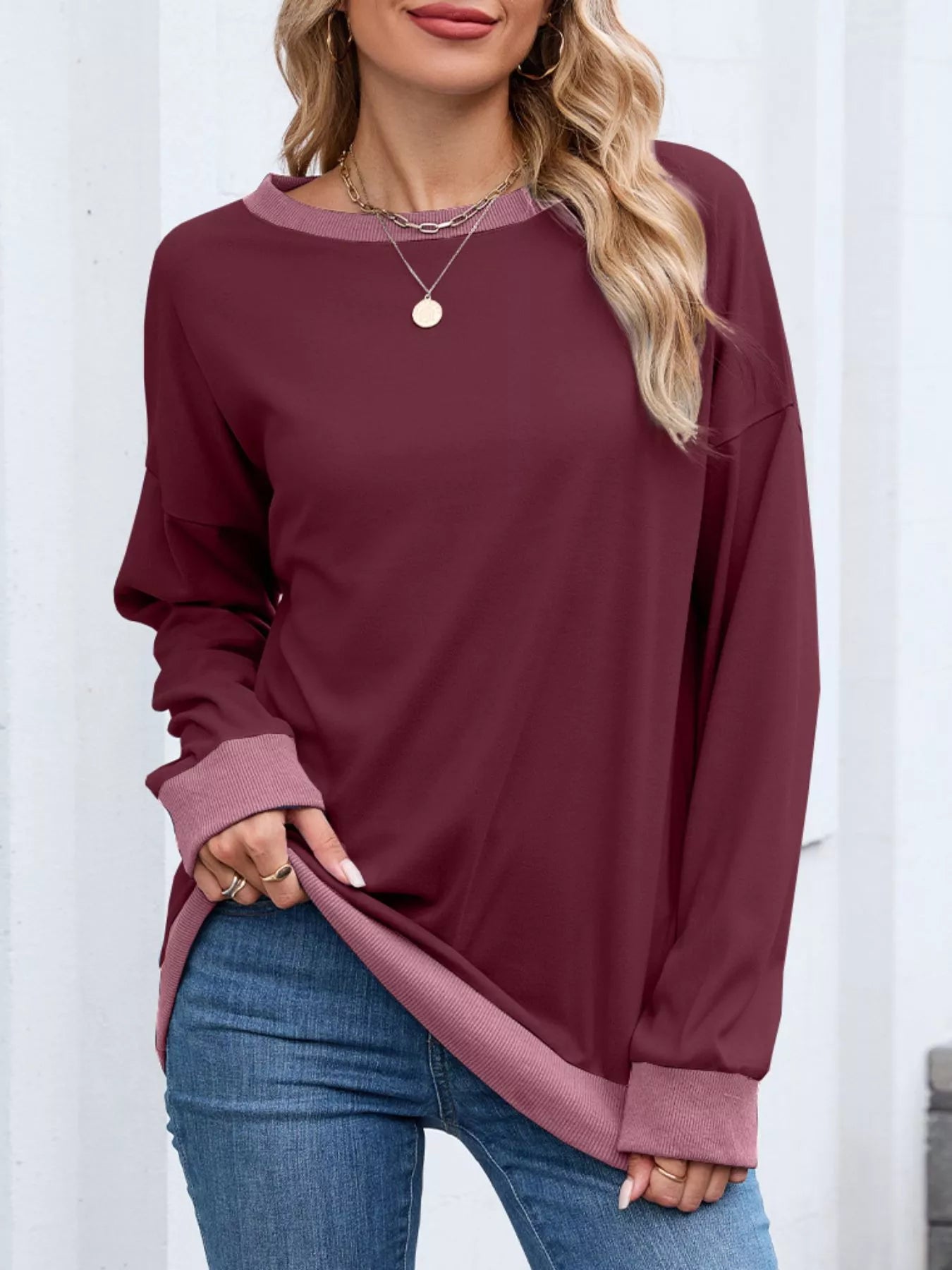 Contrast Trim Long Sleeve Sweatshirt Burgundy 695b71c4-552b-45d4-bfc5-526949d1ddf6-Max-Origin