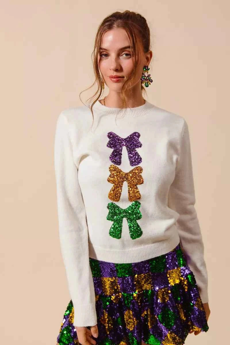 SO ME Mardi Gras Sequins Bow Ribbon Embellished Sweater 695f382871a04e7584ff54c55d867f9e-Max-Origin