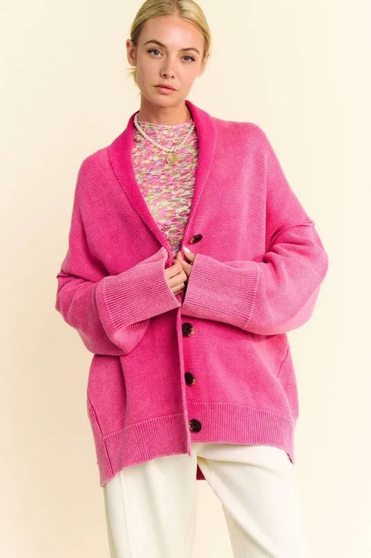 Davi & Dani Shawl Collar Ribbed Detail Button Up Cardigan Hot Pink 696245a2-22cf-4ea4-92ae-cfd962446062-Max