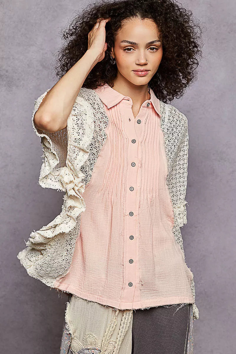 POL Button Down Front Pleated Shirt with Crochet Patch BABY PINK 6968ebab-8205-4afb-ac2e-44748027a029-Max-Origin