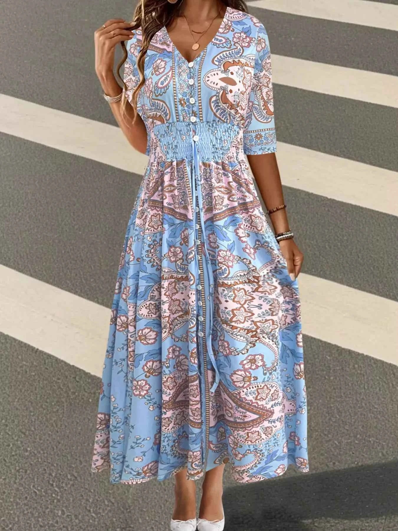 Smocked Printed Half Sleeve Dress Blue 6976feac6f304fed86eb86dc0bdae543-Max-Origin