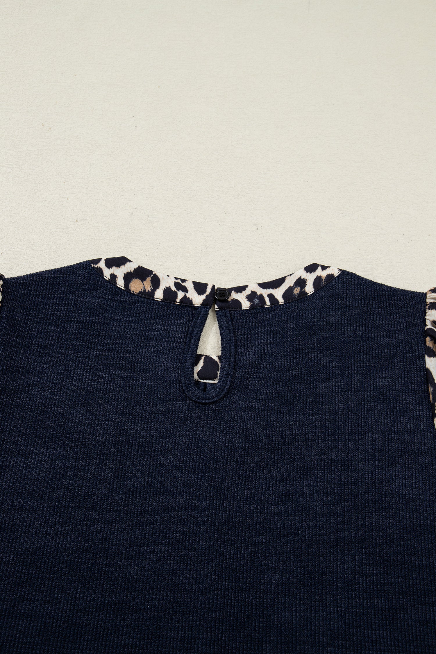 Navy Blue Ribbed Contrast Leopard Patchwork Short Sleeve Top 697704abc2c07bc6