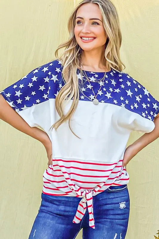 American Flag Tie Knot Front Casual Top - Cotton Blend 697a9d04e9554293aa93ae40a7627860-Max-Origin