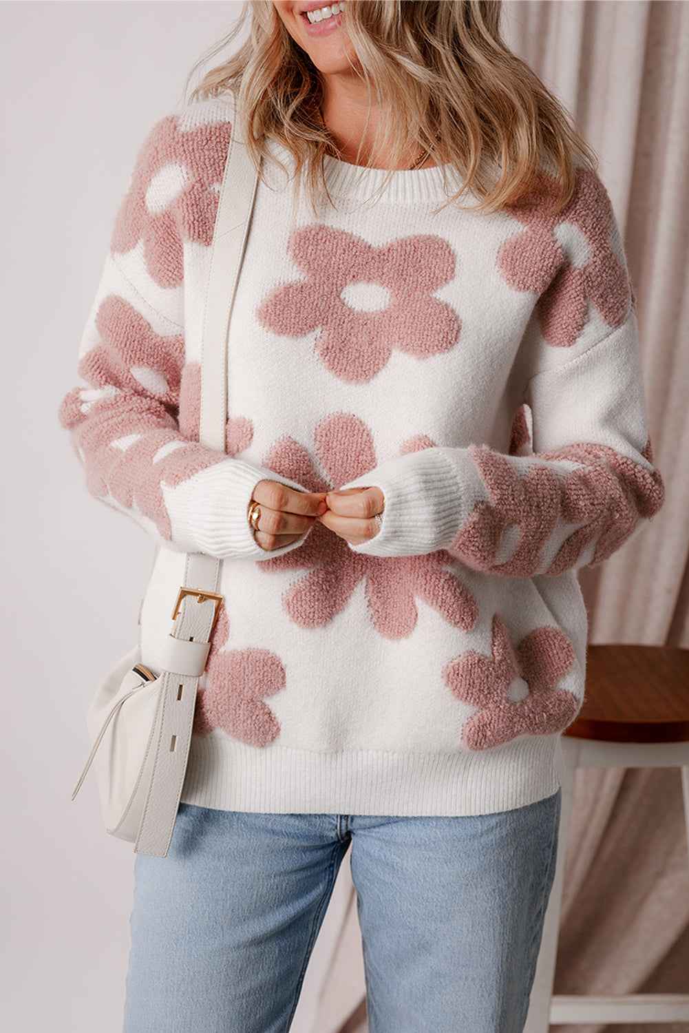 White Vintage Flower Drop Shoulder Loose Sweater 697dcb072e8ac1b7