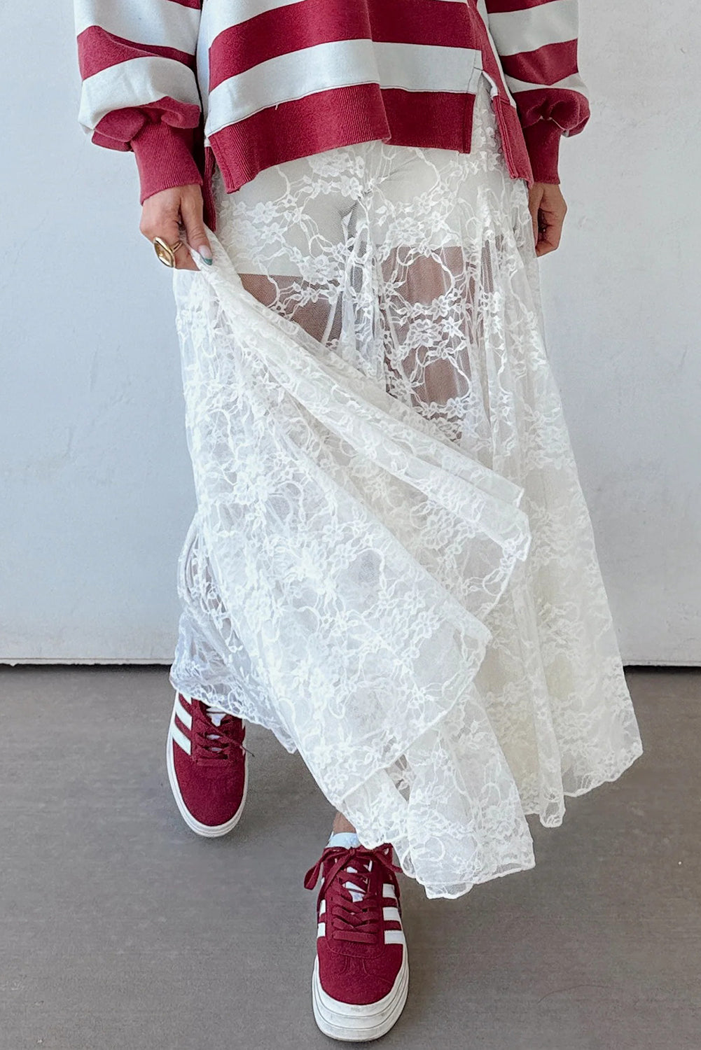 White Sheer Floral Lace Flowy Maxi Skirt White 90%Polyamide+10%Elastane 698014a61d935b25