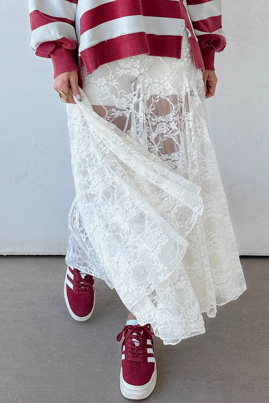 White Sheer Floral Lace Flowy Maxi Skirt White 90%Polyamide+10%Elastane 698014a61d935b25