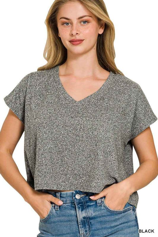 Zenana Soft Melange V-neck Drop Shoulder Cropped Top BLACK 6983deed844546ae902ca161fb0059d3-Max