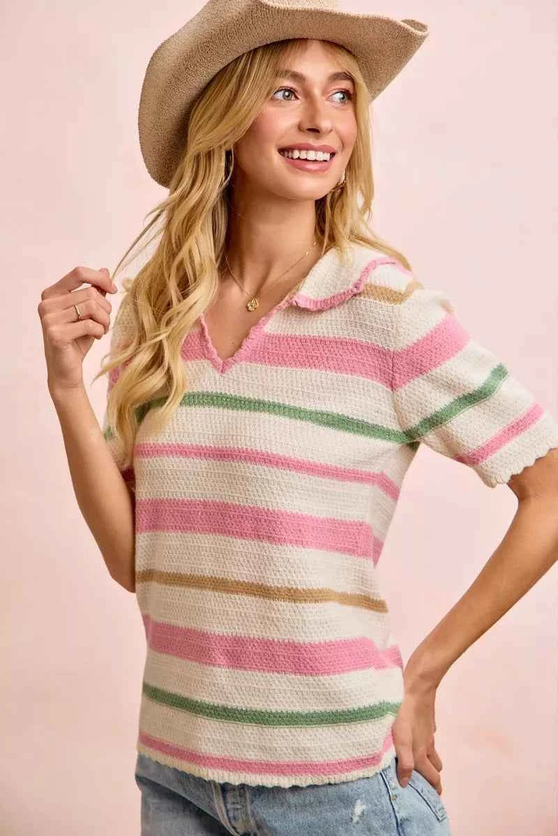 BiBi Multi Colors Stripes Collared Knit Top 6987b3b6b1b148998e534e592ada2fbc-Max-Origin