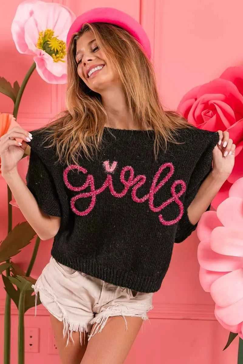 BiBi Metallic Letter Short Puff Sleeve Hairy Sweater 6988588a-05cf-4ca3-810e-d3da948596dc-Max-Origin