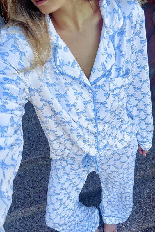 Sky Blue Bow Print Long Sleeve Shirt and Pants Soft Pajama Set 698906a9739fbe29