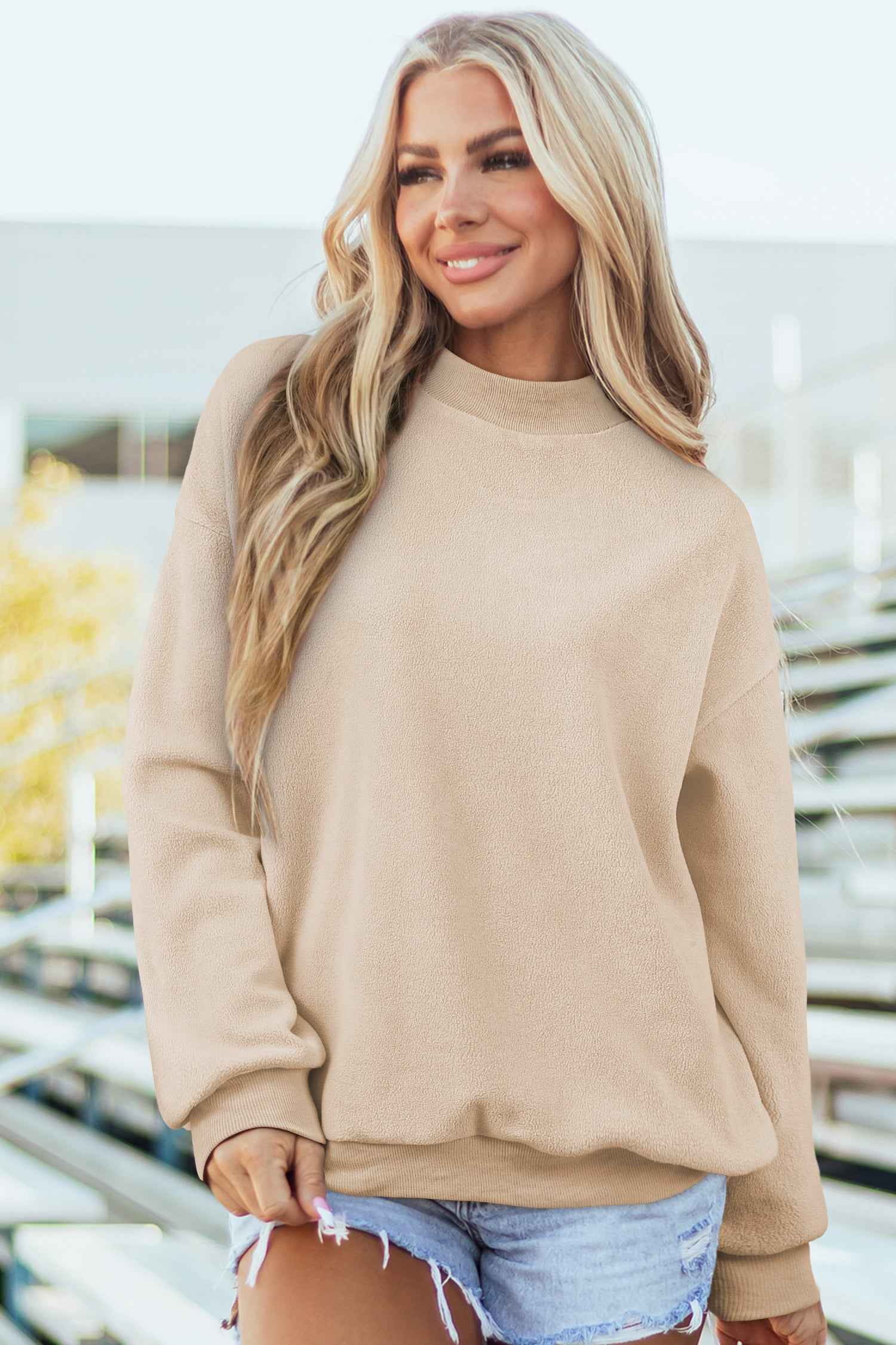 White Oversize Drop Shoulder Reversible Mock Neck Sweatshirt Apricot 65%Polyester+35%Cotton 698b1aa3234291f6