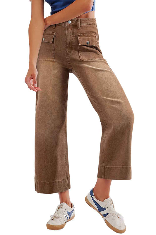 Brown Flap Pockets Front Straight Cropped Jeans 698d35fa490723fe